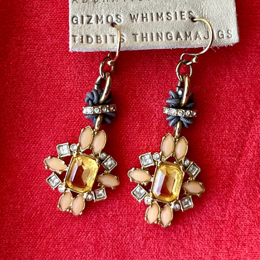 Gold tone dangling earrings with yellow, peach, clear crystals and grey accents - Picture 1 of 3